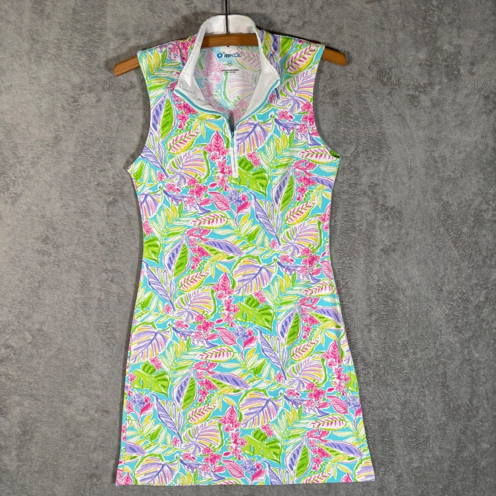 IBKUL Womens XS Tropical Floral Sleeveless Golf Dress Mock Neck Quarter Zip UPF